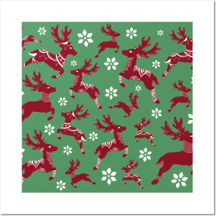 Green Christmas Reindeer Pattern Posters and Art